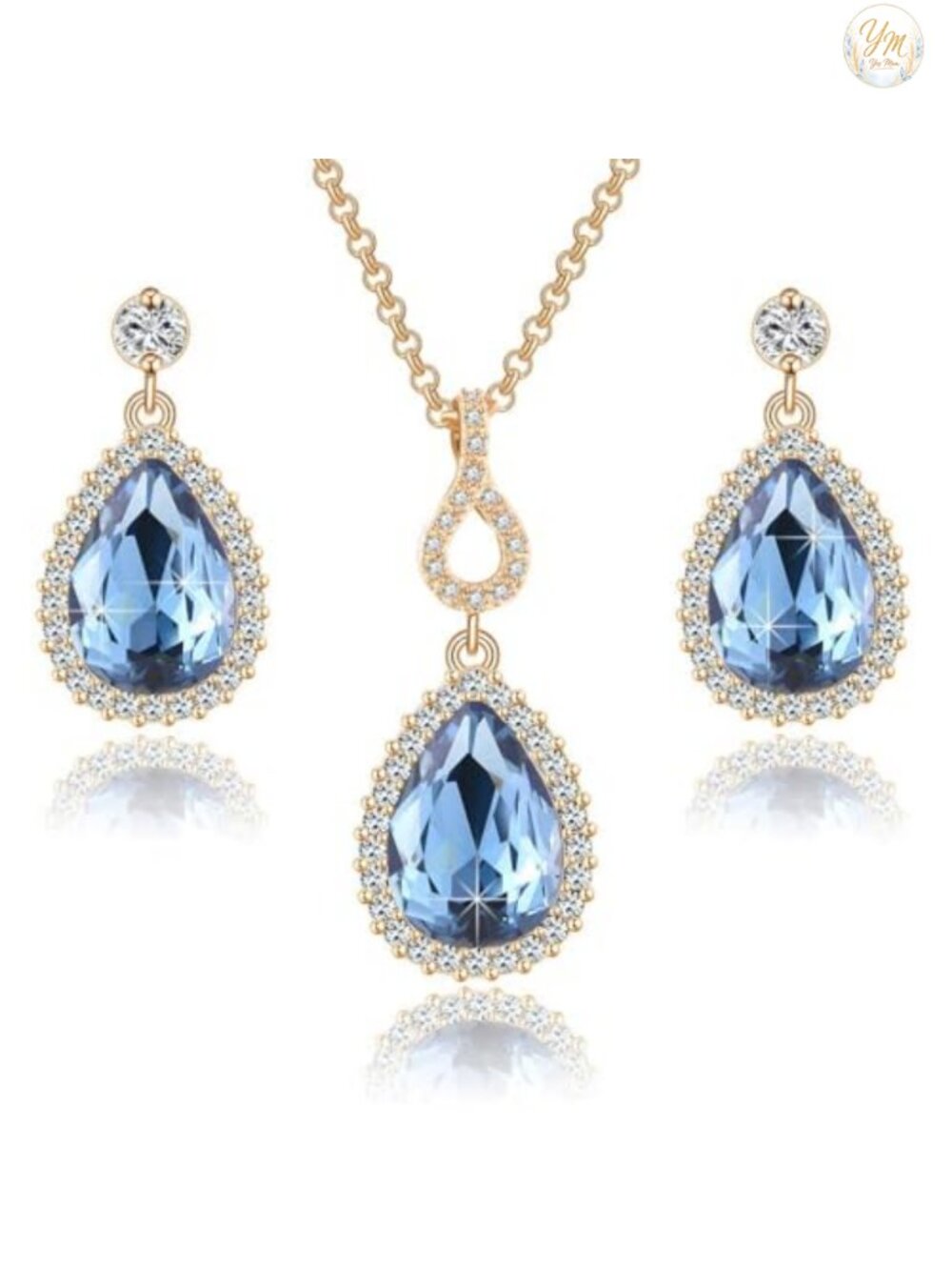 Austrian Crystal Teardrop Necklace & Earrings Set Women 14K Gold Plated